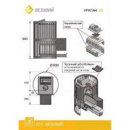 Дровяная печь ВЕЗУВИЙ УРАГАН КОВКА 22 (224)